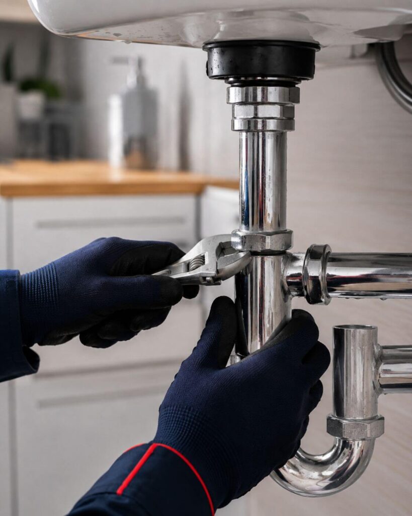 Professional plumber repairing a sink drain pipe with a wrench under a modern kitchen sink
